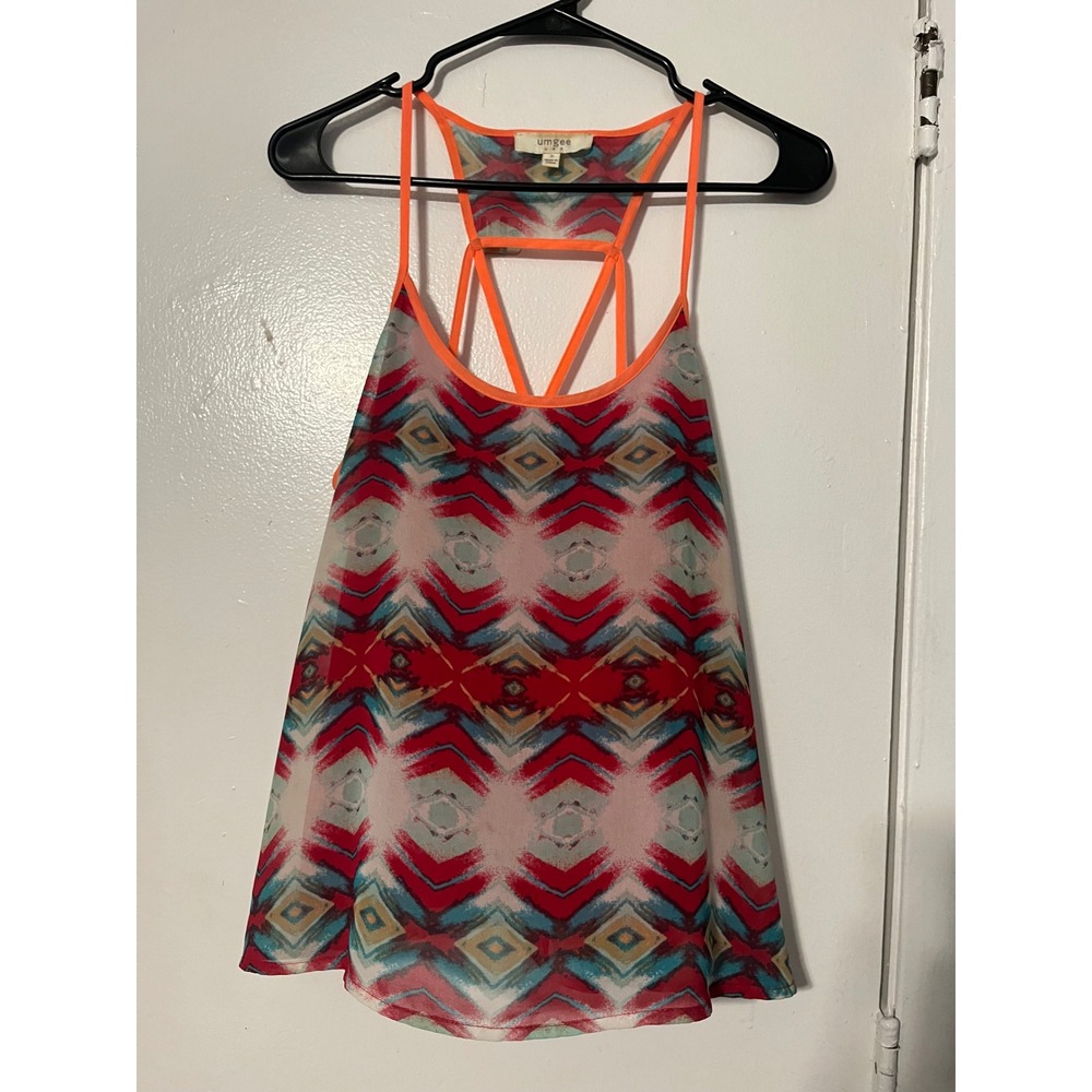 Umgee USA Tribal Geometric Strappy Cage Back Tank Top Red Orange Teal Small
